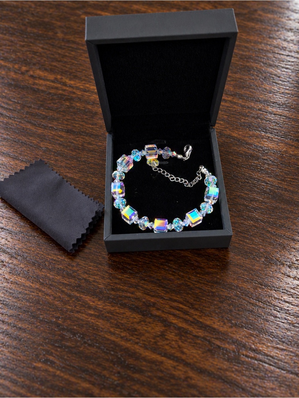 Lady Colour Iridescent Crystal Beaded Bracelet 7–9” Adjustable with Box